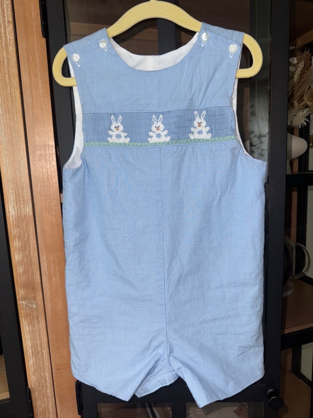 Petit Bebe jon jon smocked shortall romper bunny easter toddler boy gingham